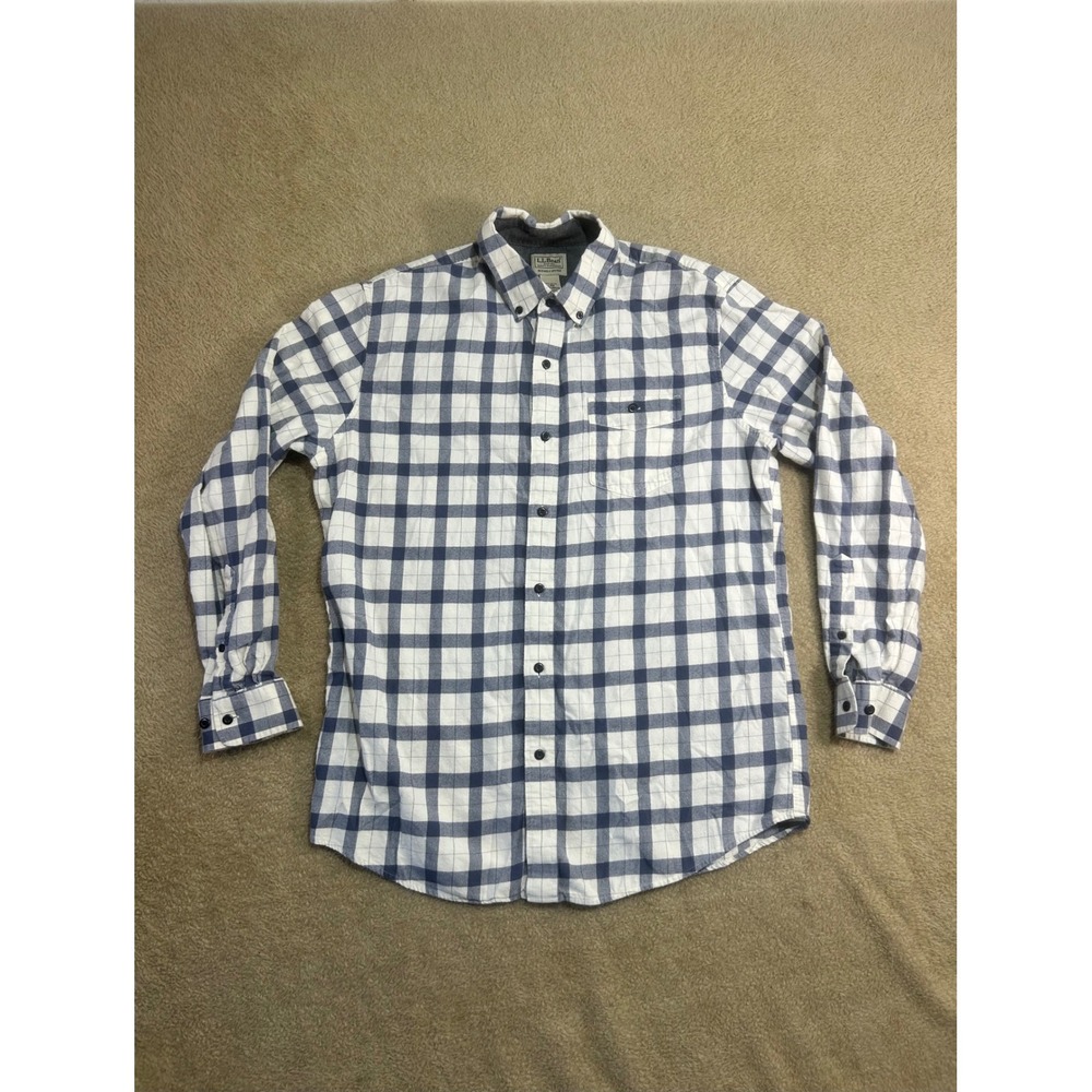 LL Bean Mens Plaid Button Down Shirt Long Sleeve Slightly Fitted Blue White L